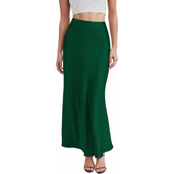 Women's Dark Green Silky Satin Fabric Stretch Waist Casual Pull On Maxi Skirt
